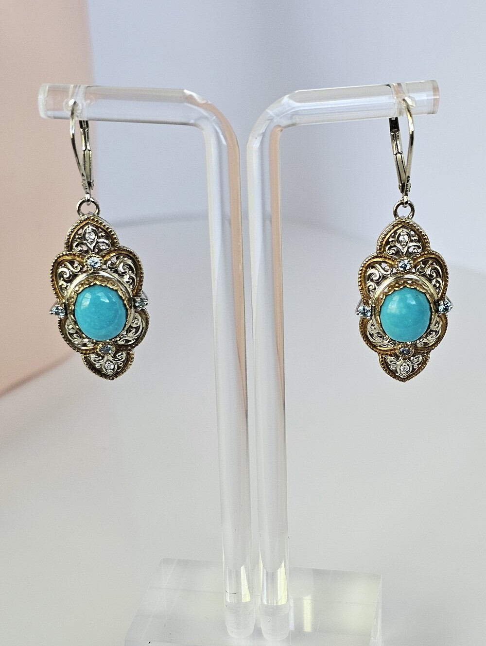 Sleeping Beauty Turquoise & Blue Topaz  Earrings Sterling Silver 18K - Picture 3 of 6